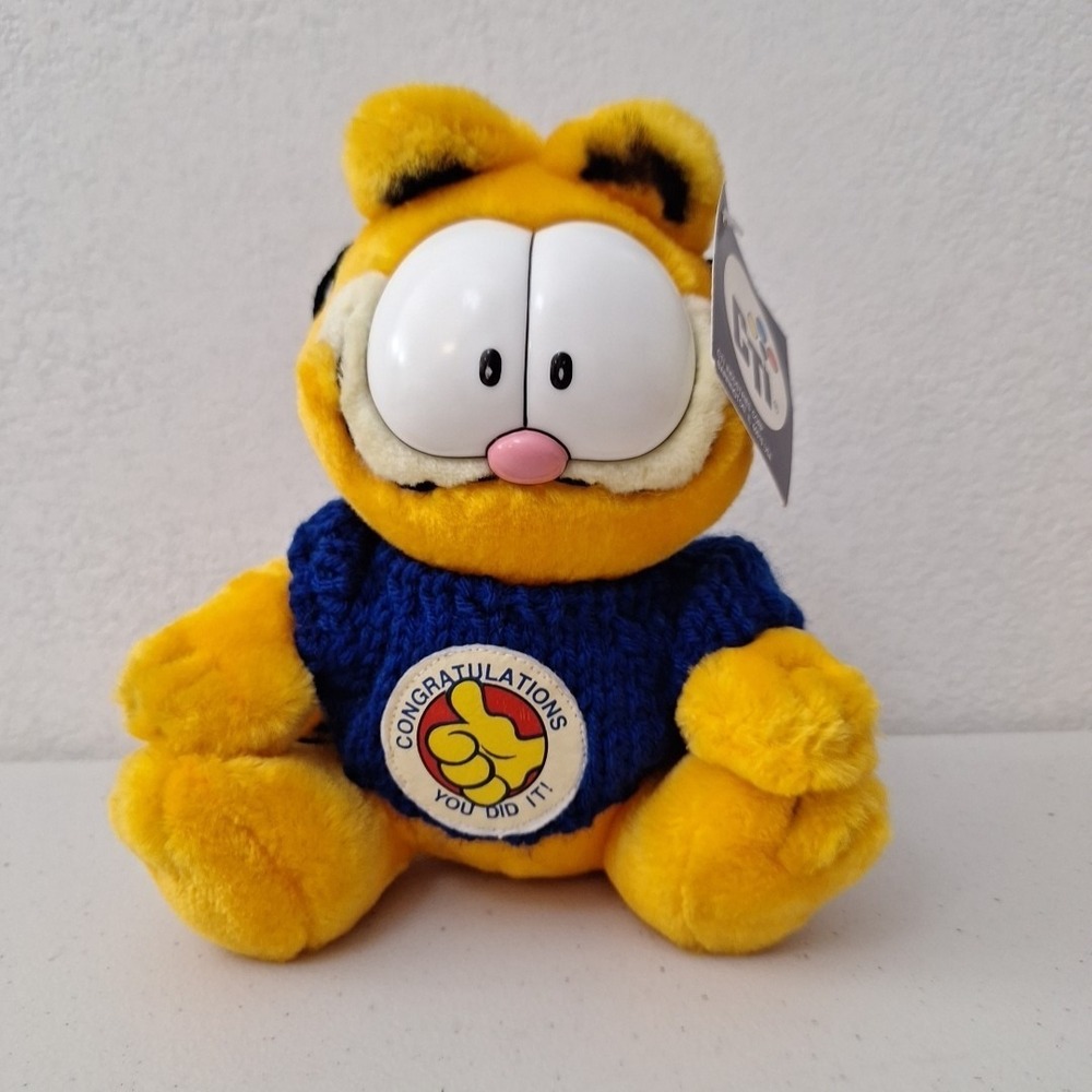 RARE Vintage 1981 PAWS Garfield Cat‎ "CONGRATULATIONS" Knit Sweater Plush 8" NWT